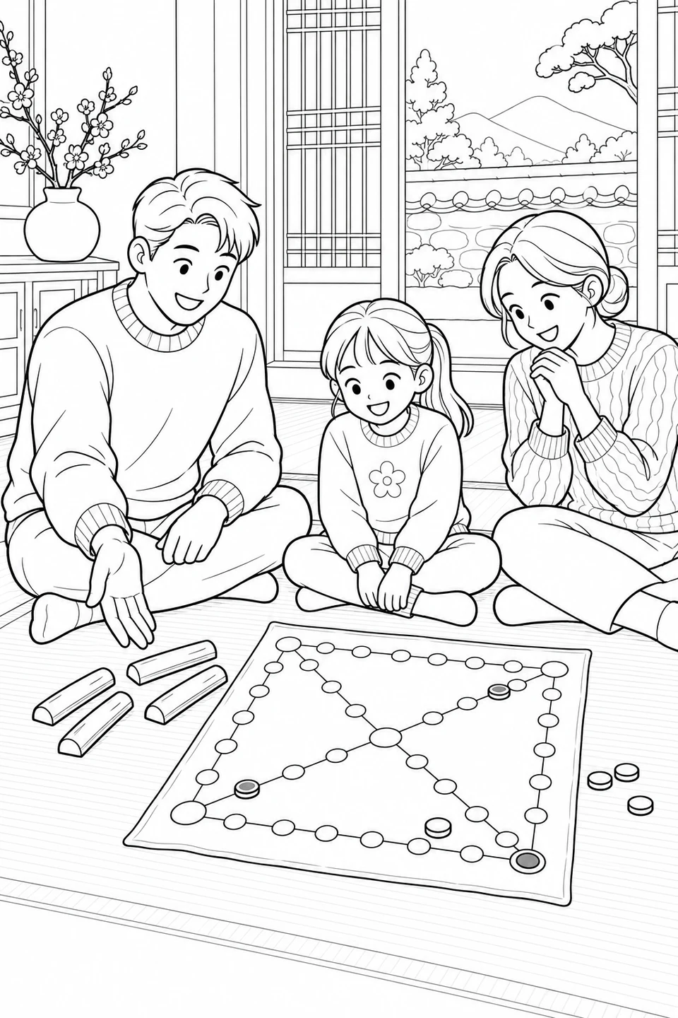 A family gathers around a yutnori board with four wooden sticks and round playing pieces.