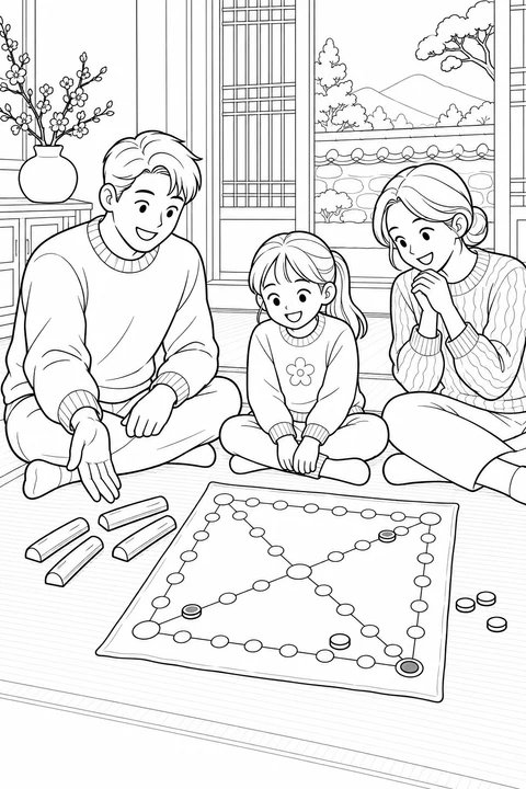 Uma família se reúne em volta de um tabuleiro de yutnori com quatro varetas de madeira e peças redondas.