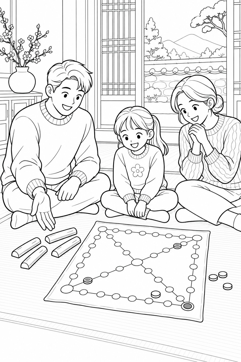 A family gathers around a yutnori board with four wooden sticks and round playing pieces.