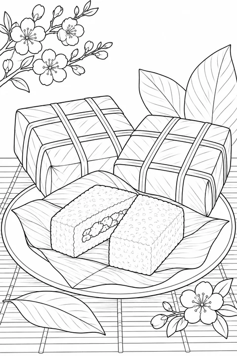 Square leaf-wrapped rice cakes sit behind cut portions showing their filling.
