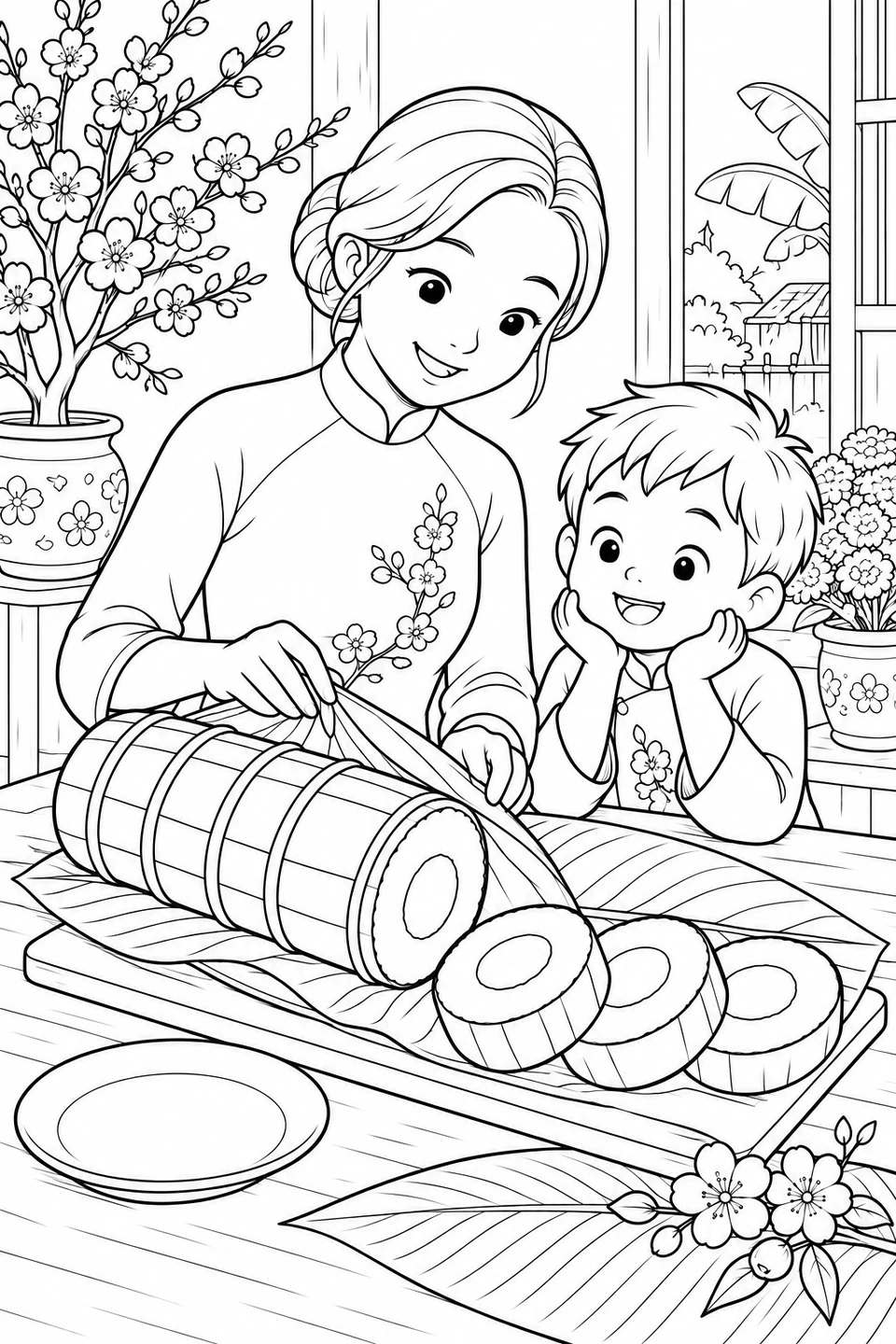 A mother unwraps a cylindrical rice cake beside a child, with round slices arranged on a board.