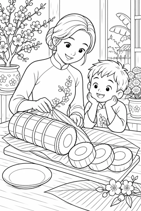 A mother unwraps a cylindrical rice cake beside a child, with round slices arranged on a board.