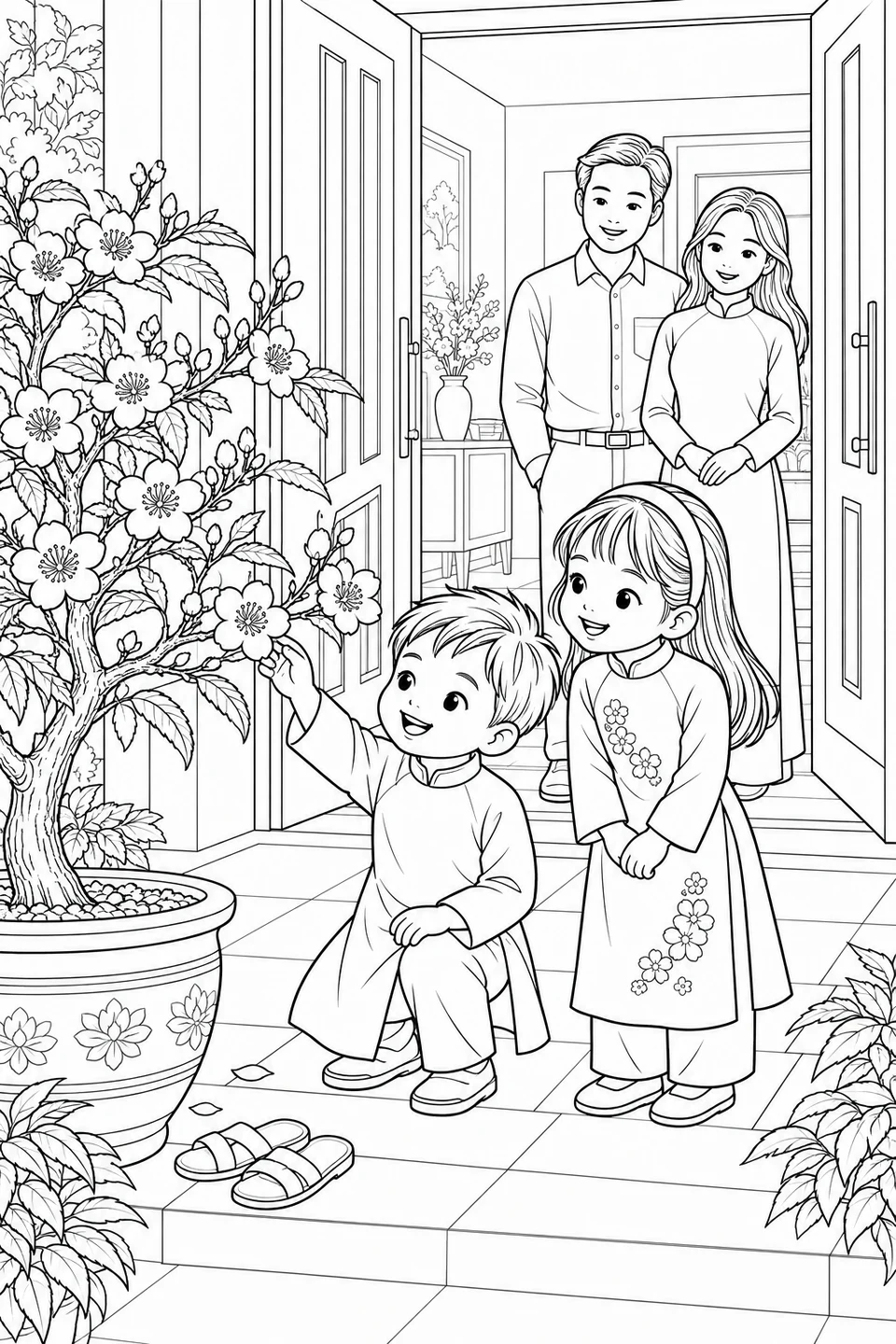 A family looks at a flowering tree in a pot beside an open doorway.