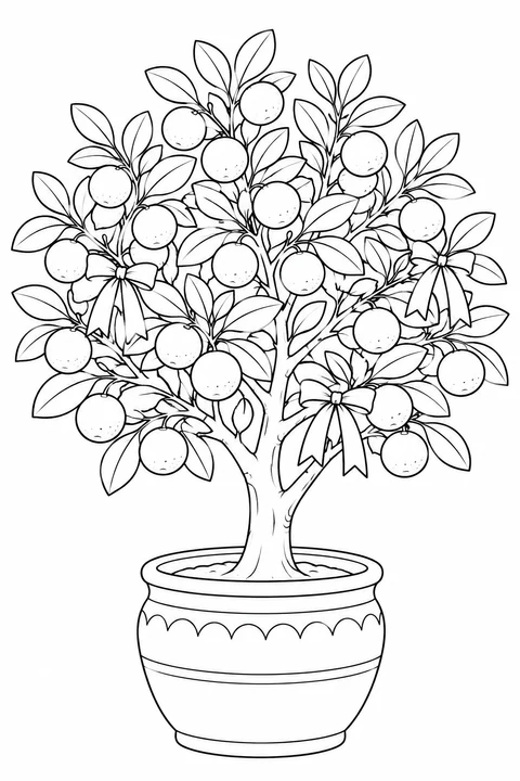 A potted kumquat tree is decorated with bows among its round fruit and leaves.