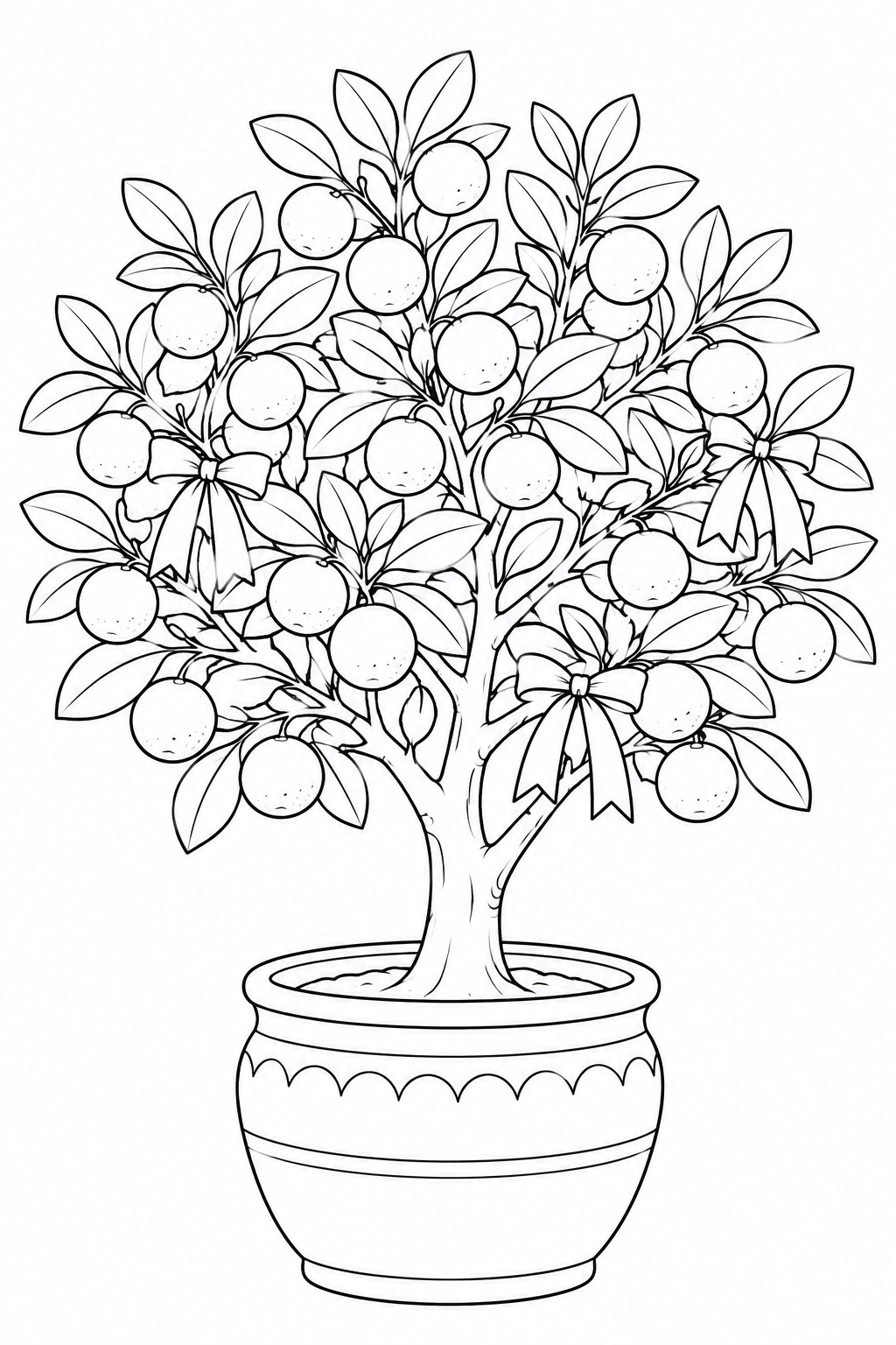 A potted kumquat tree is decorated with bows among its round fruit and leaves.