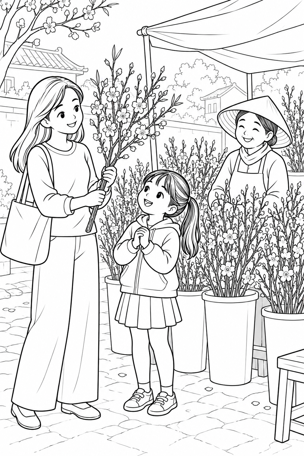 A mother and child choose flowering branches at a stall with a smiling vendor.