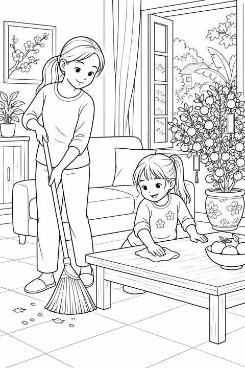 A parent sweeps while a child wipes a table as the family prepares the home before Tết.