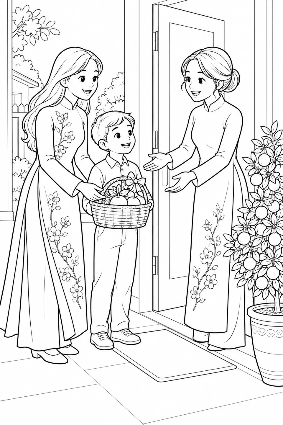 Visitors bring a fruit basket to a welcoming home with a kumquat tree; two women wear áo dài.