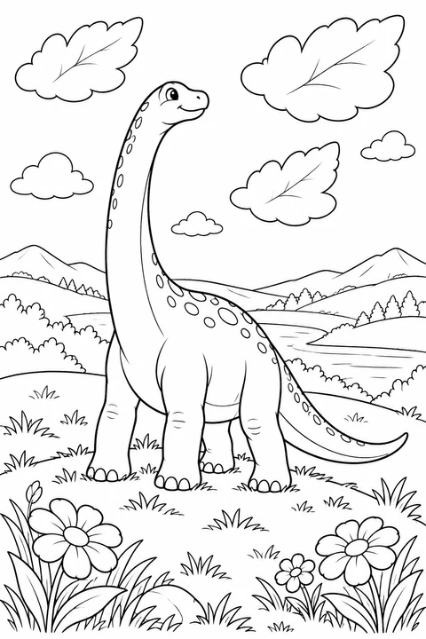 Un gentil dinosaure à long cou regarde les nuages depuis une colline fleurie.