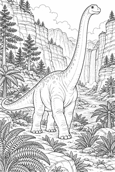Un dinosaure à long cou traverse un vaste canyon de fougères, de conifères et de parois rocheuses.