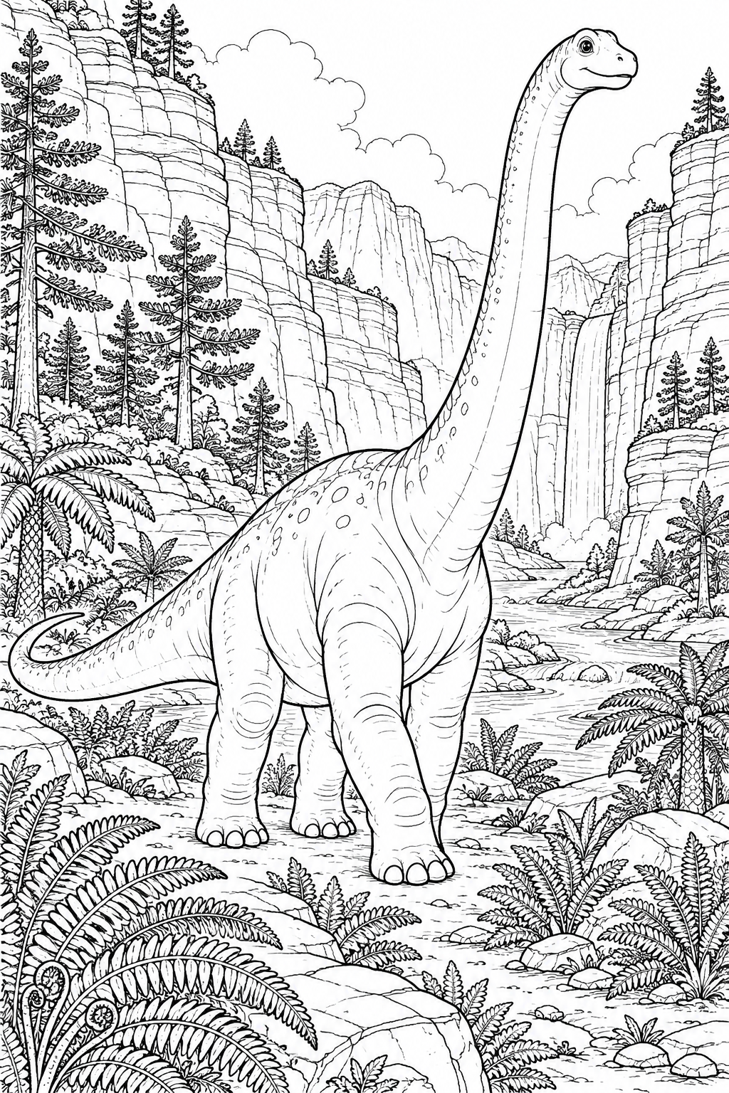 Ein Langhalsdinosaurier wandert durch eine weite Schlucht mit Farnen, Nadelbäumen und geschichteten Felswänden.