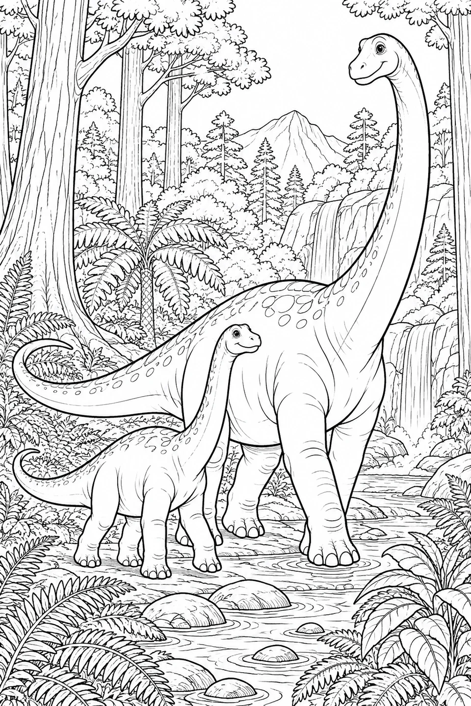 Un dinosaurio de cuello largo y su cría pasean juntos entre árboles, helechos y un arroyo poco profundo.