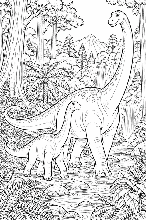 Un grand dinosaure à long cou et son petit marchent entre les arbres, les fougères et un ruisseau peu profond.