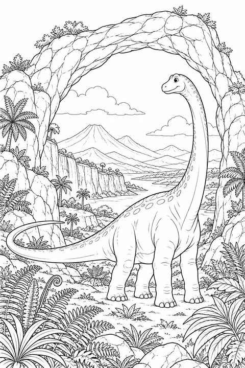 Un paisible dinosaure à long cou découvre une arche naturelle dans une vallée de fougères.