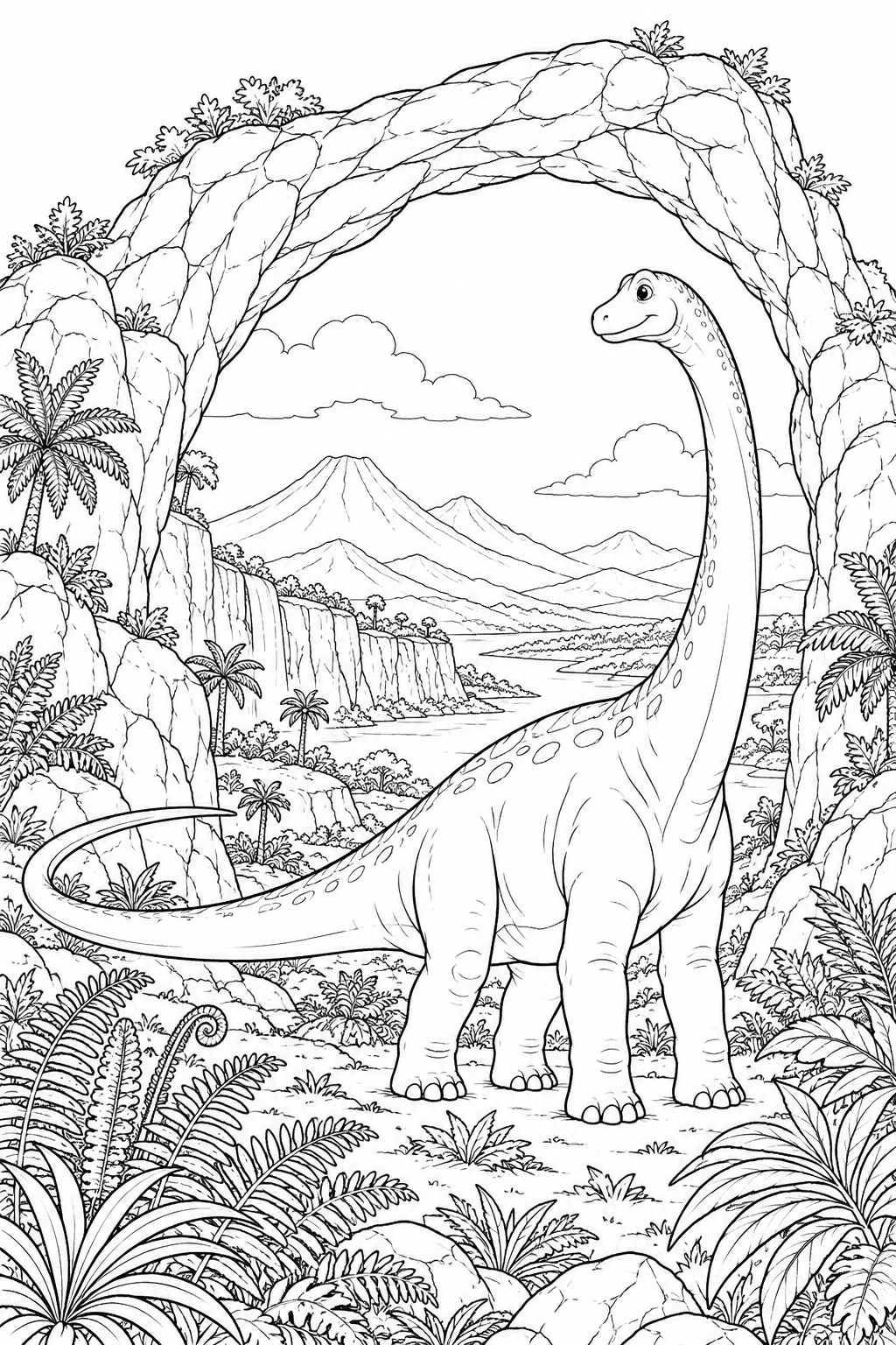 Ein friedlicher Langhalsdinosaurier erkundet einen natürlichen Felsbogen in einem Tal voller Farne.