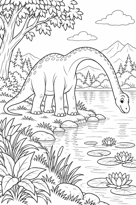 Un paisible dinosaure à long cou se penche vers un lac bordé de feuillages et couvert de nénuphars.