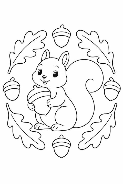 A squirrel holds an acorn, surrounded by oak leaves and more acorns.