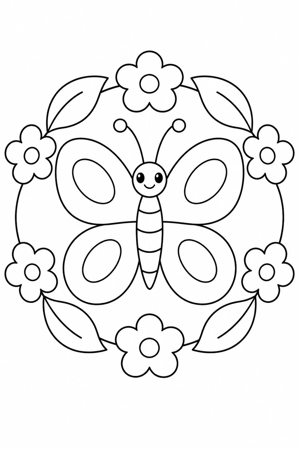 A smiling butterfly sits inside a ring of flowers and pointed leaves.