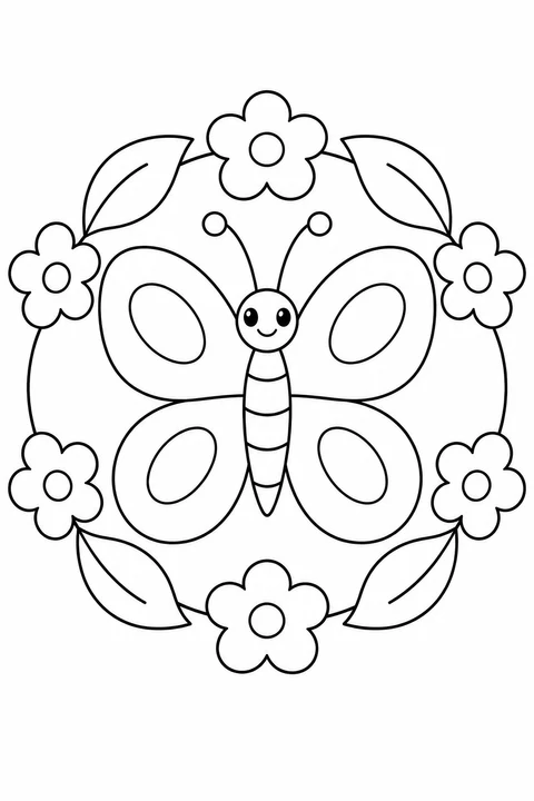 A smiling butterfly sits inside a ring of flowers and pointed leaves.