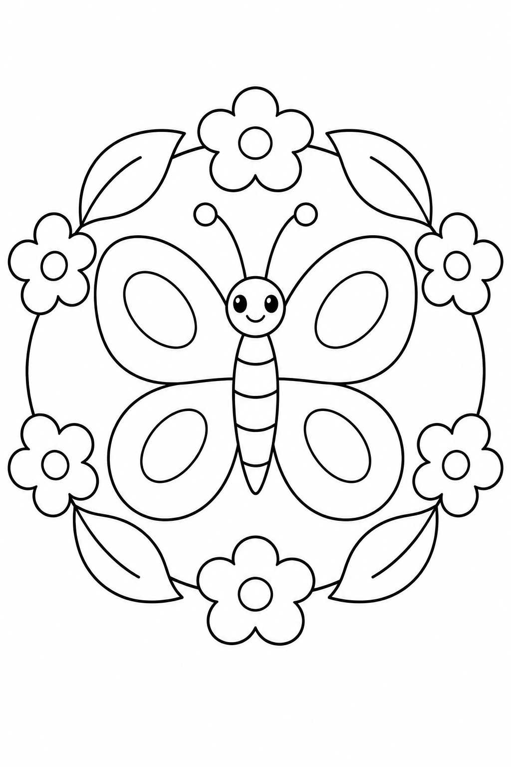 A smiling butterfly sits inside a ring of flowers and pointed leaves.