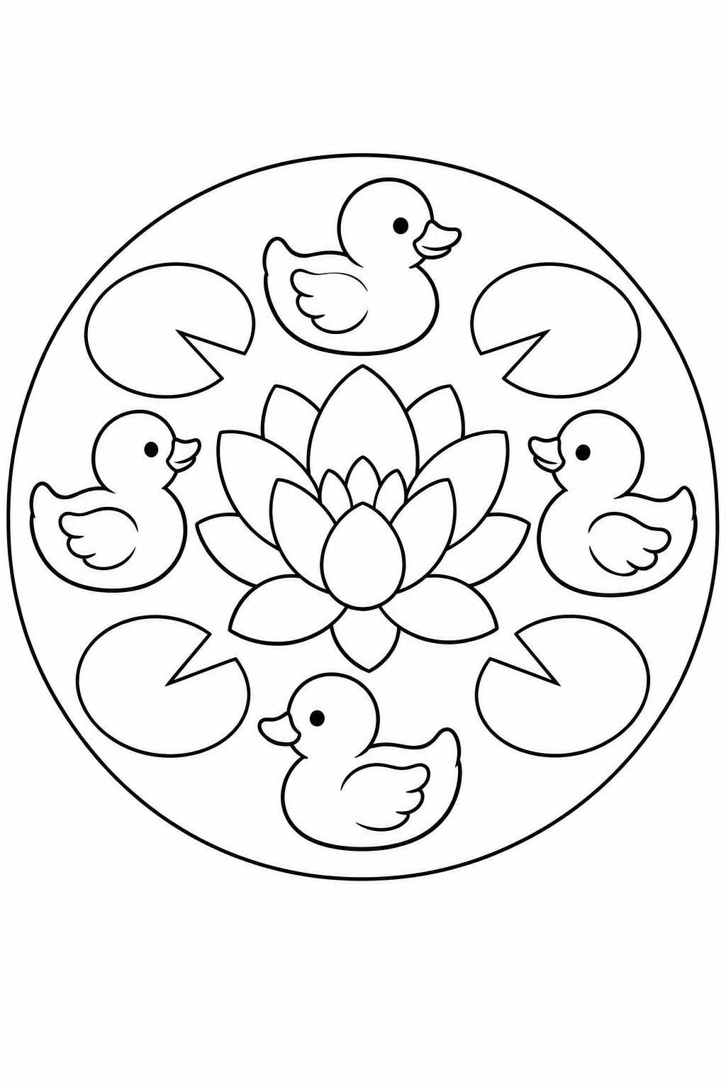 Little ducks and broad leaves circle a large water flower inside a round frame.