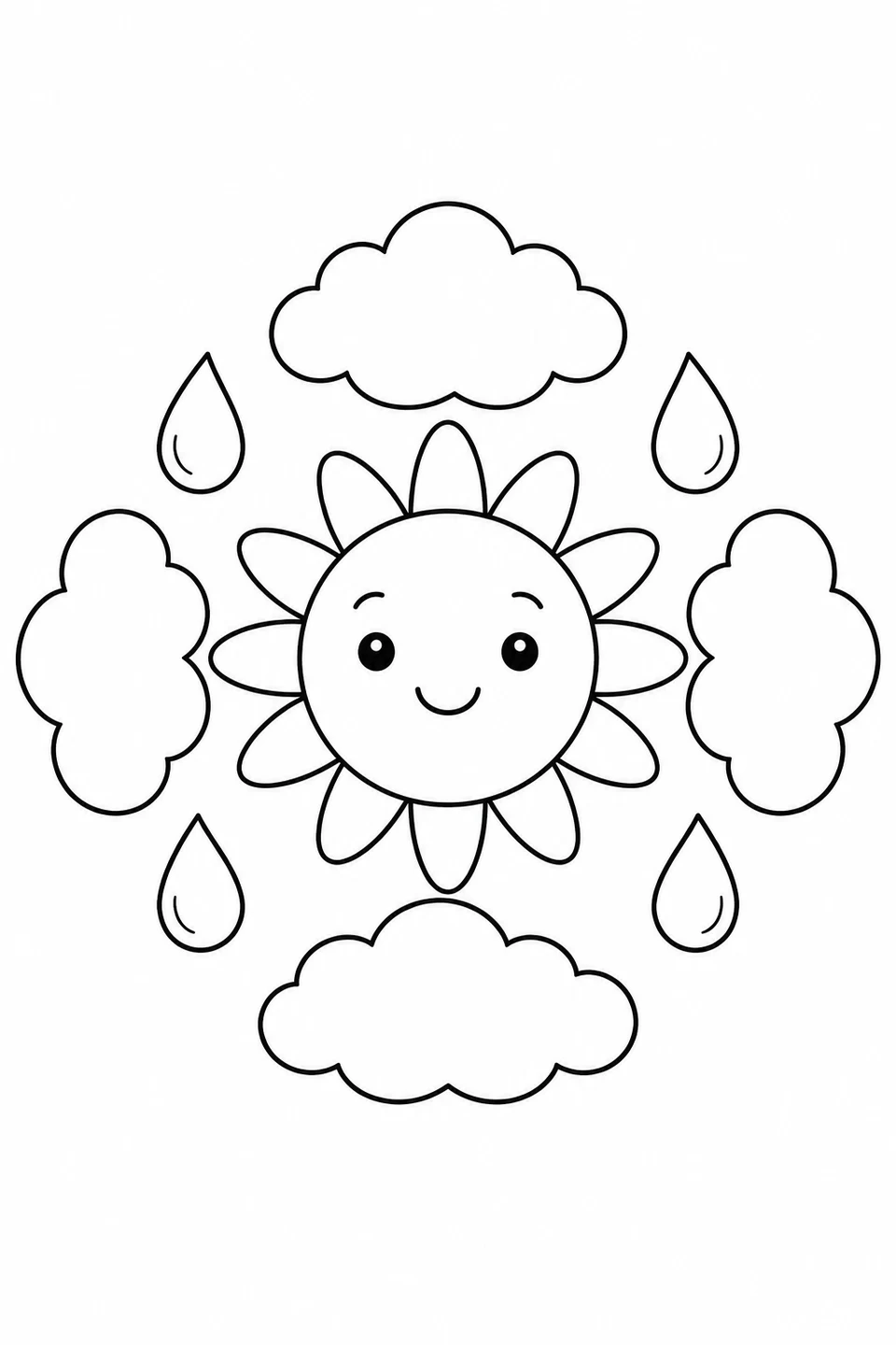 A smiling sun is surrounded by puffy clouds and large raindrops.