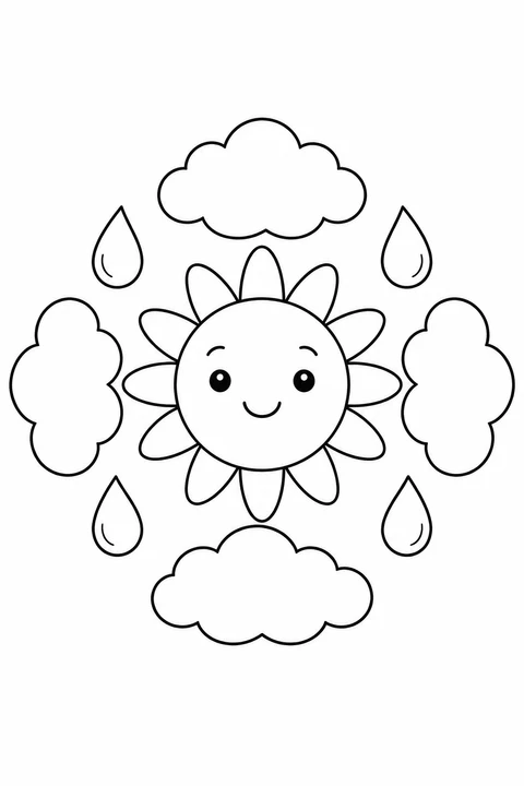 A smiling sun is surrounded by puffy clouds and large raindrops.