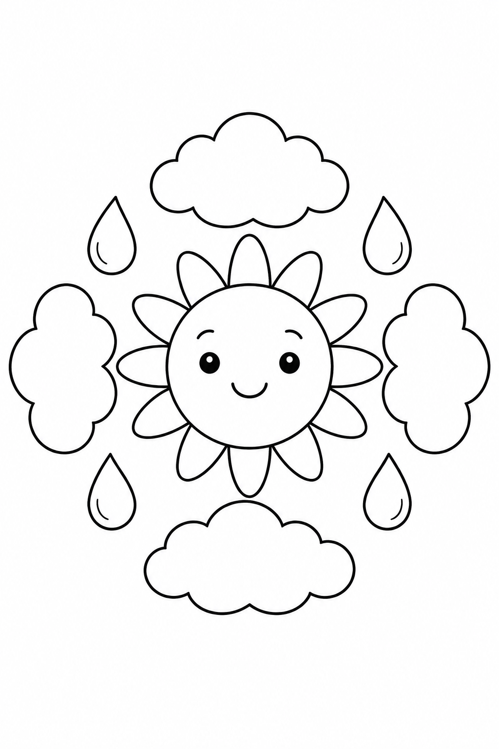 A smiling sun is surrounded by puffy clouds and large raindrops.