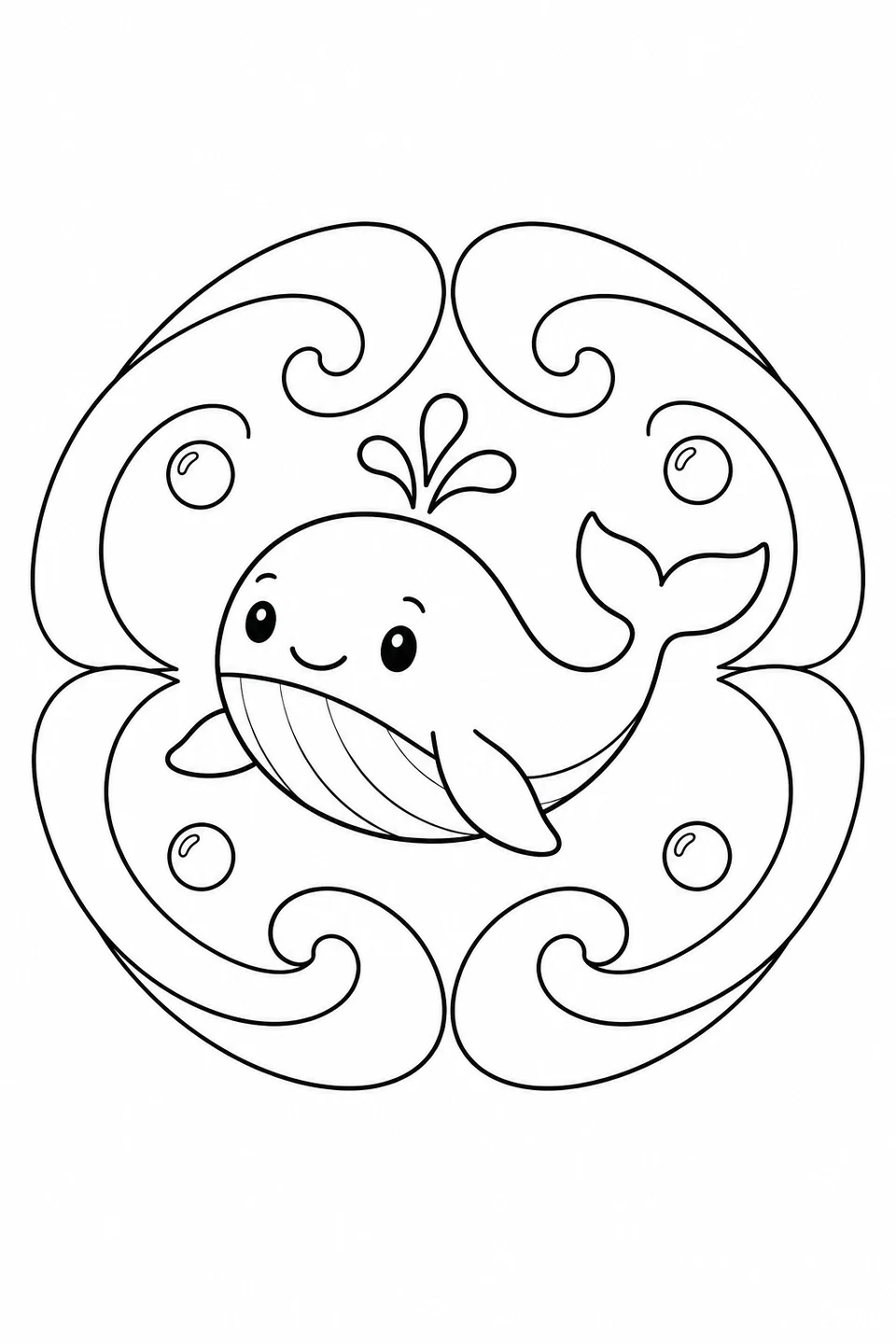 A smiling whale with a small spout is surrounded by curling waves and bubbles.
