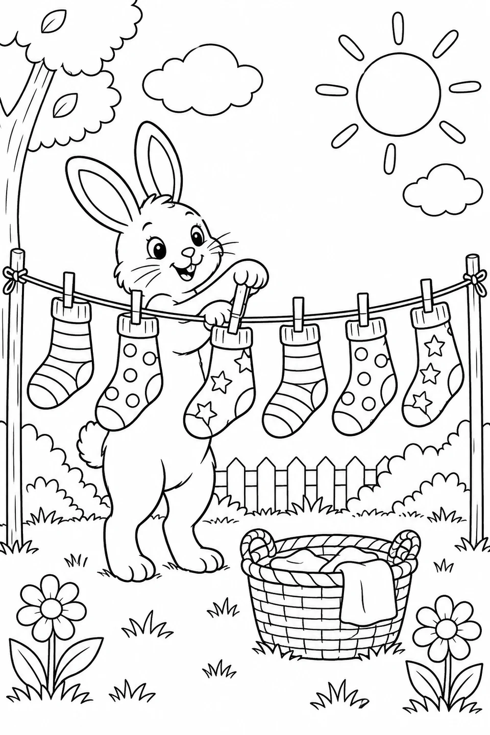 A rabbit hangs socks with stripes, dots and stars on a garden clothesline. Find the matching designs.