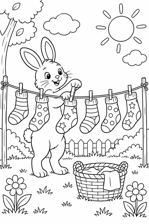 Ein Kaninchen hängt Socken mit Streifen, Punkten und Sternen im Garten auf. Finde die gleichen Muster.