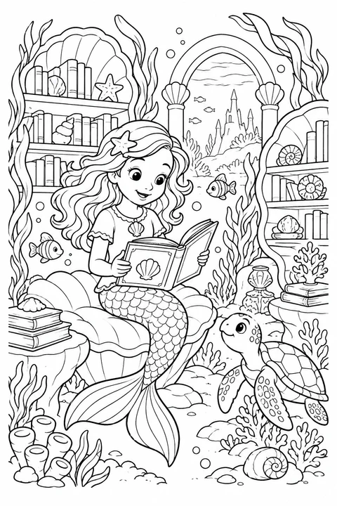 A mermaid reads among shell bookshelves, fish and a sea turtle.