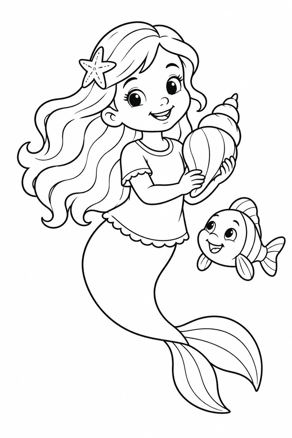 A little mermaid holds a large shell beside a smiling fish.