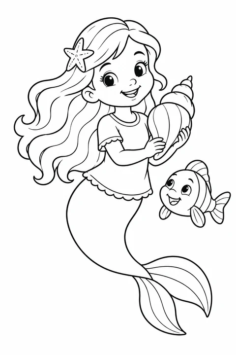 A little mermaid holds a large shell beside a smiling fish.