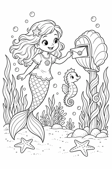 A mermaid delivers a letter to a shell mailbox while a seahorse watches.