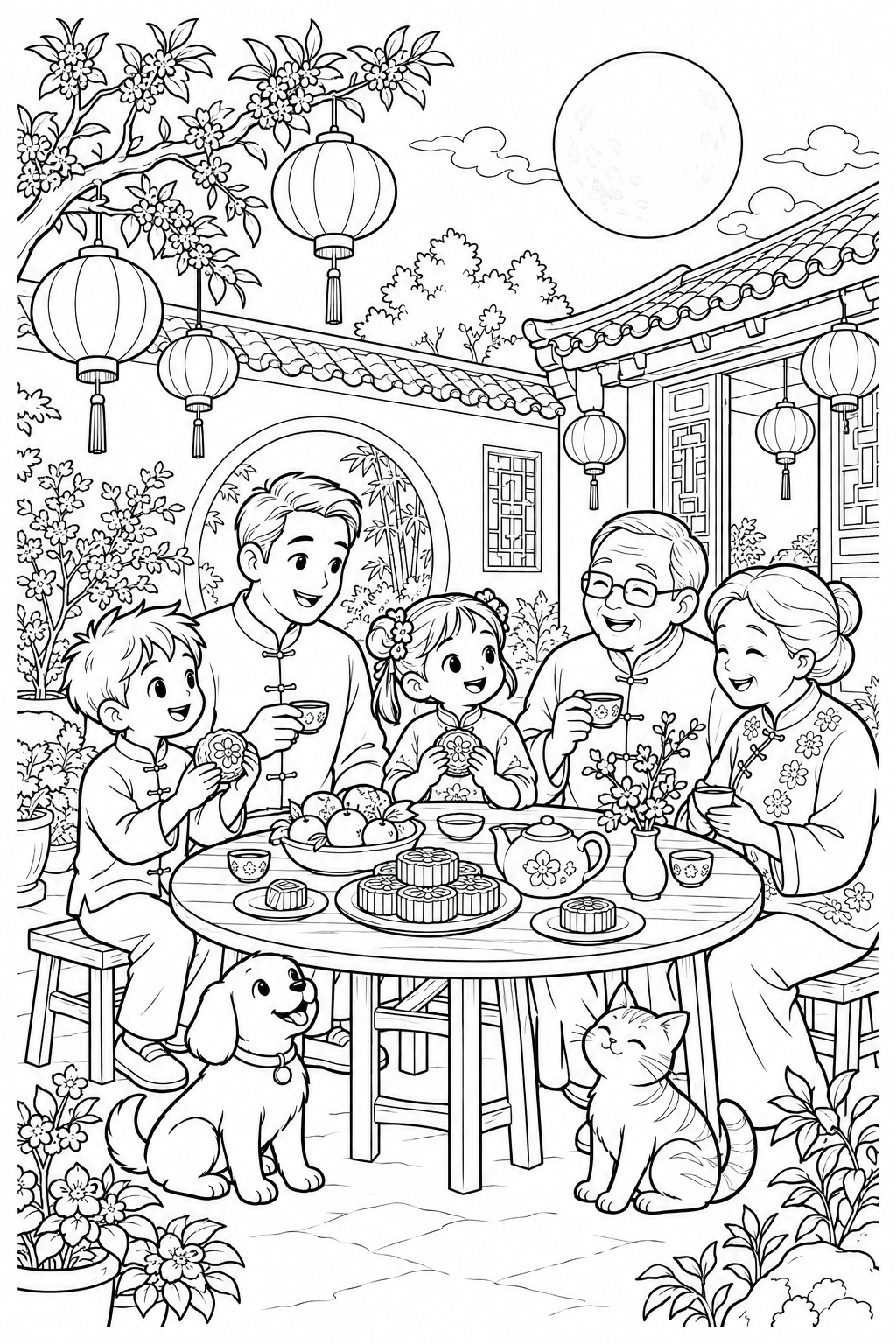 Family Reunion under the Full Moon, printable black-and-white coloring illustration.