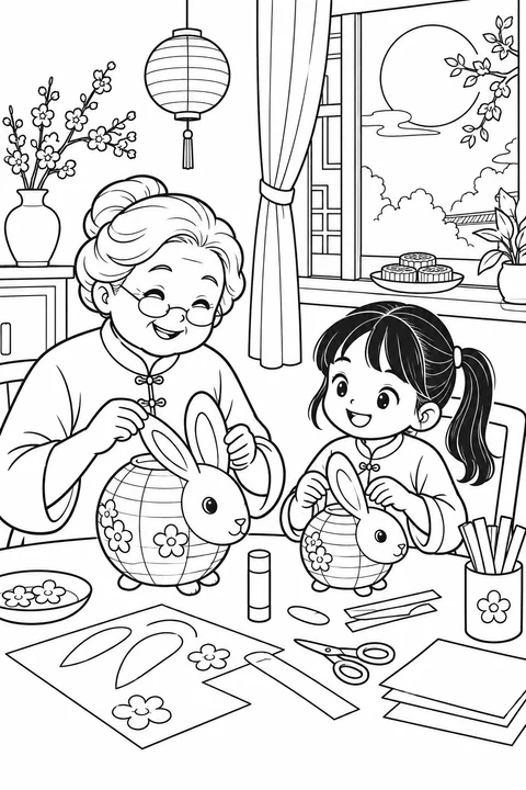 Making Rabbit Lanterns with Grandma, printable black-and-white coloring illustration.