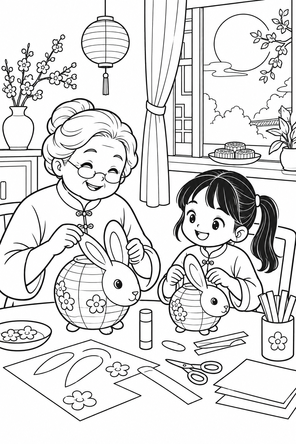 Making Rabbit Lanterns with Grandma, printable black-and-white coloring illustration.