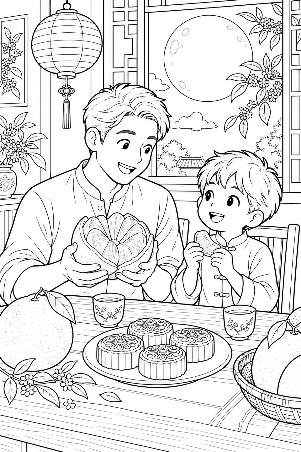 아빠는 껍질을 연 포멜로를 들고, 아들은 한 조각을 들고 있어요. 둥근 등 아래에는 월병과 찻잔이 놓여 있어요.