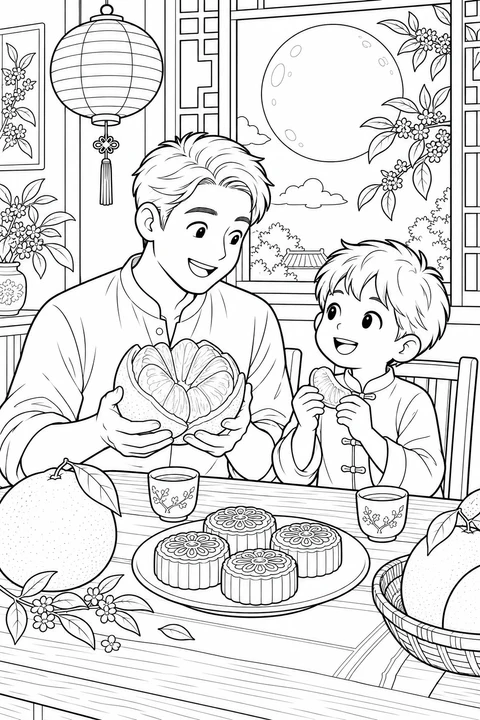 아빠는 껍질을 연 포멜로를 들고, 아들은 한 조각을 들고 있어요. 둥근 등 아래에는 월병과 찻잔이 놓여 있어요.