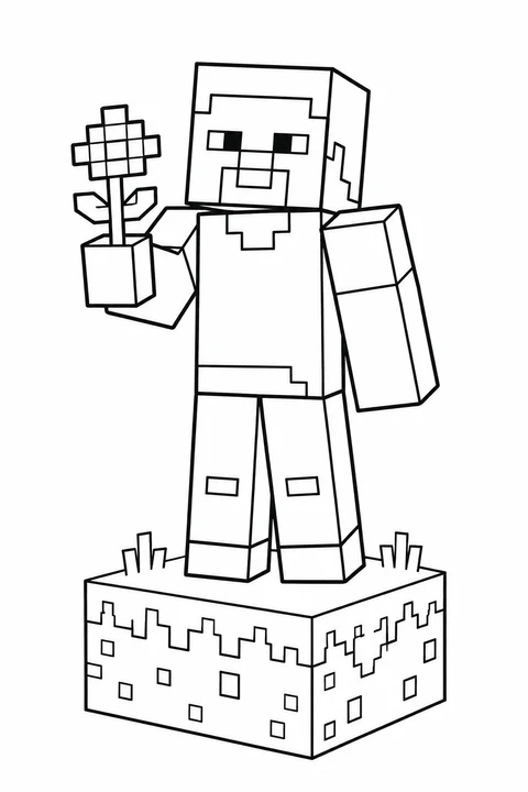 Steve hält eine Blume und steht auf einem Minecraft-Grasblock.