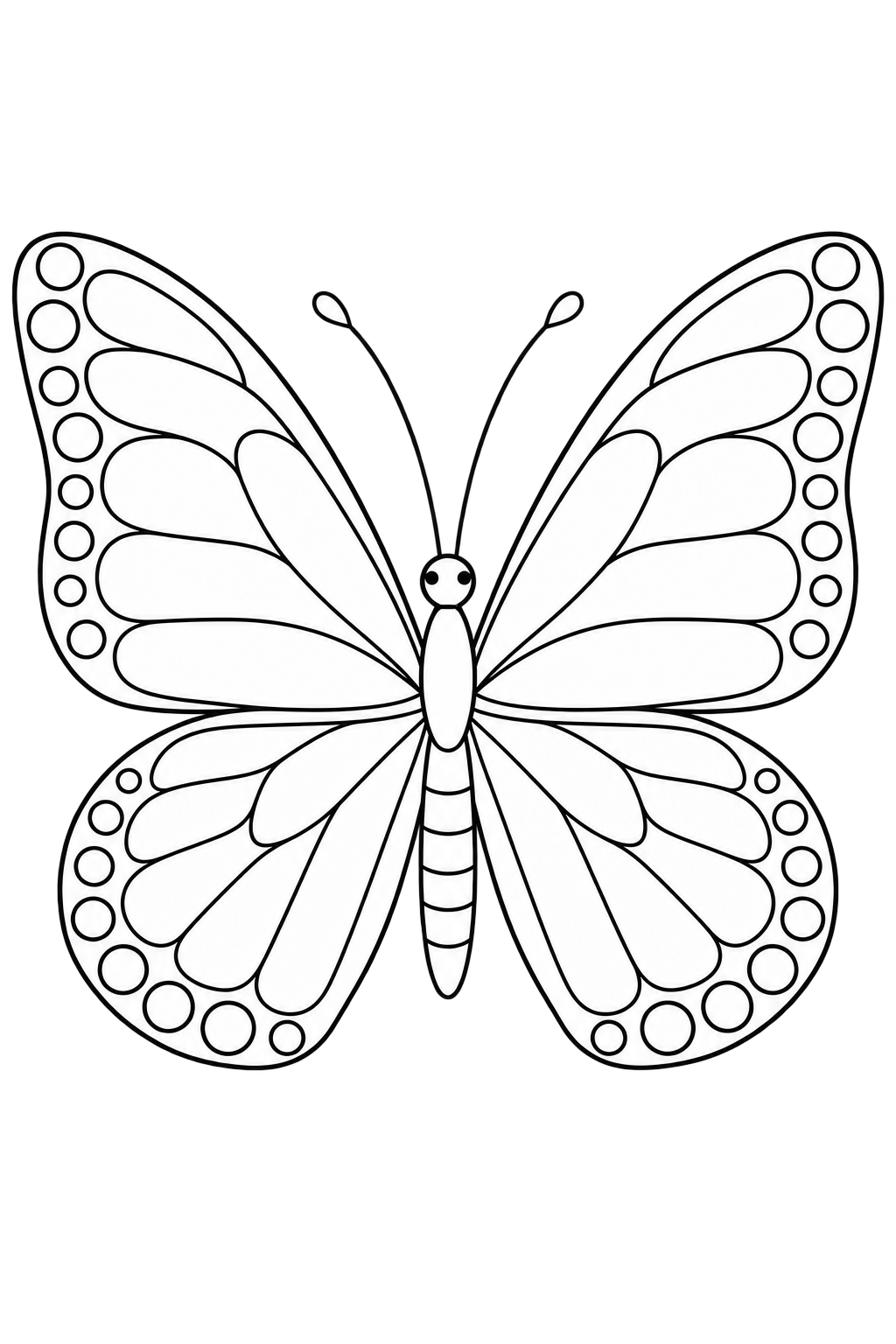 An open-winged monarch has broad wing panels and simple spots to color.