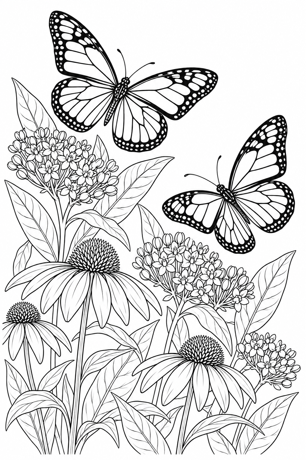 Two monarch butterflies fly above milkweed and coneflowers.