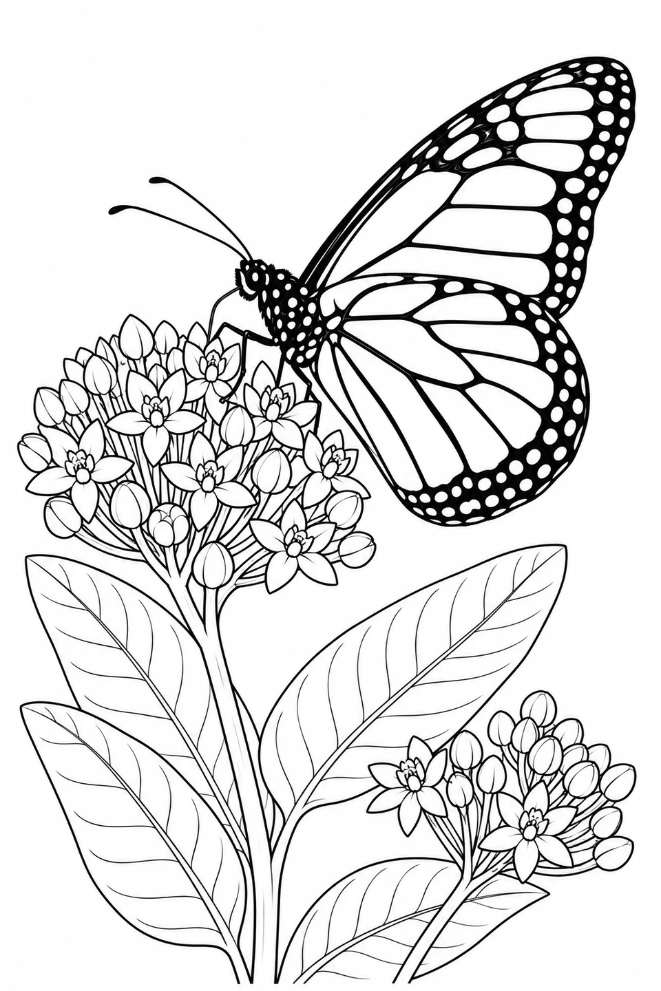A monarch butterfly rests on a cluster of milkweed flowers.