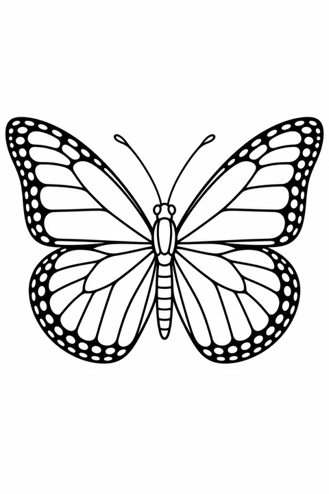 A monarch butterfly spreads its veined wings with white spots along the edges.