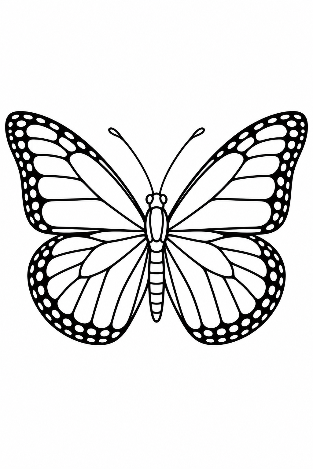 A monarch butterfly spreads its veined wings with white spots along the edges.