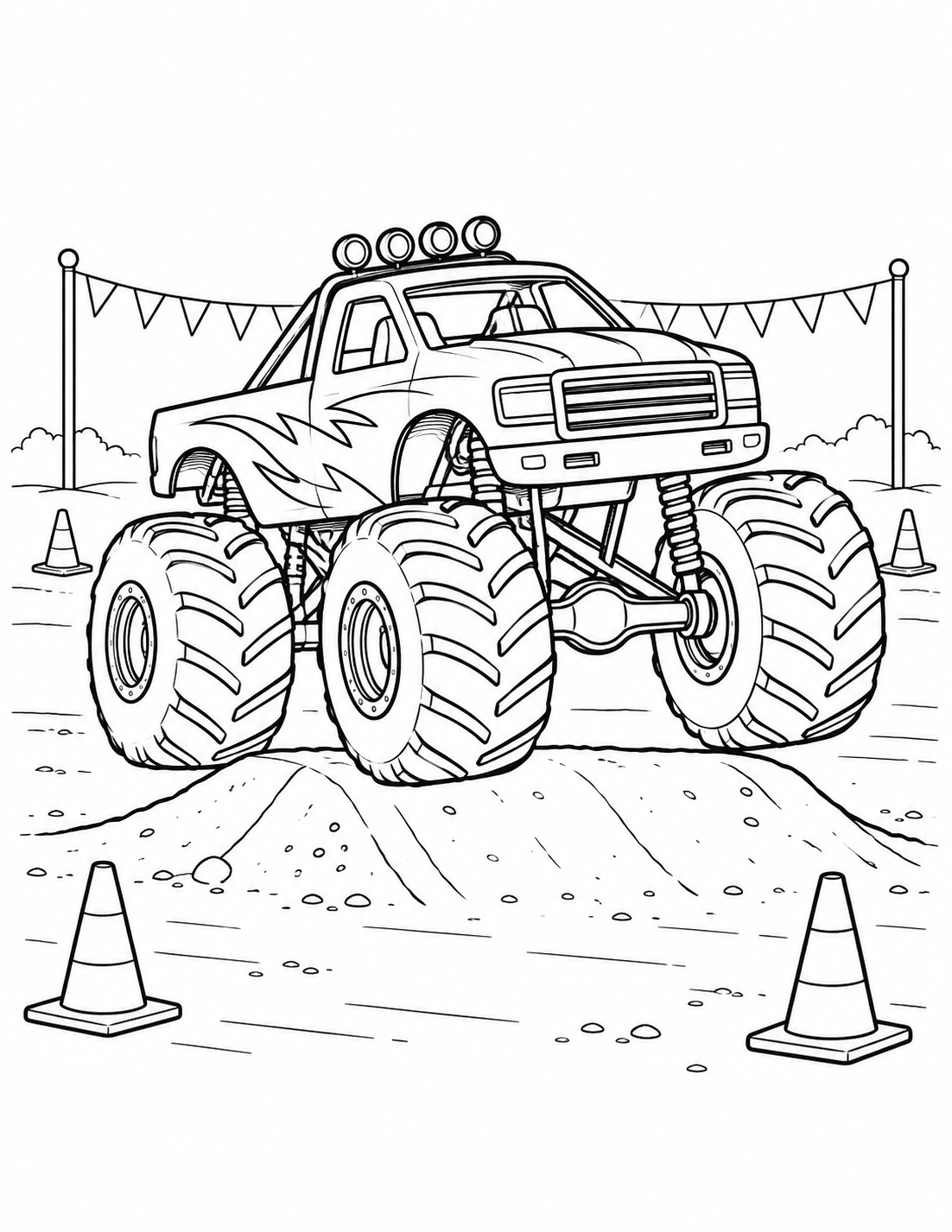 Ein Monstertruck fährt über eine niedrige Erdrampe neben Kegeln und Wimpeln.