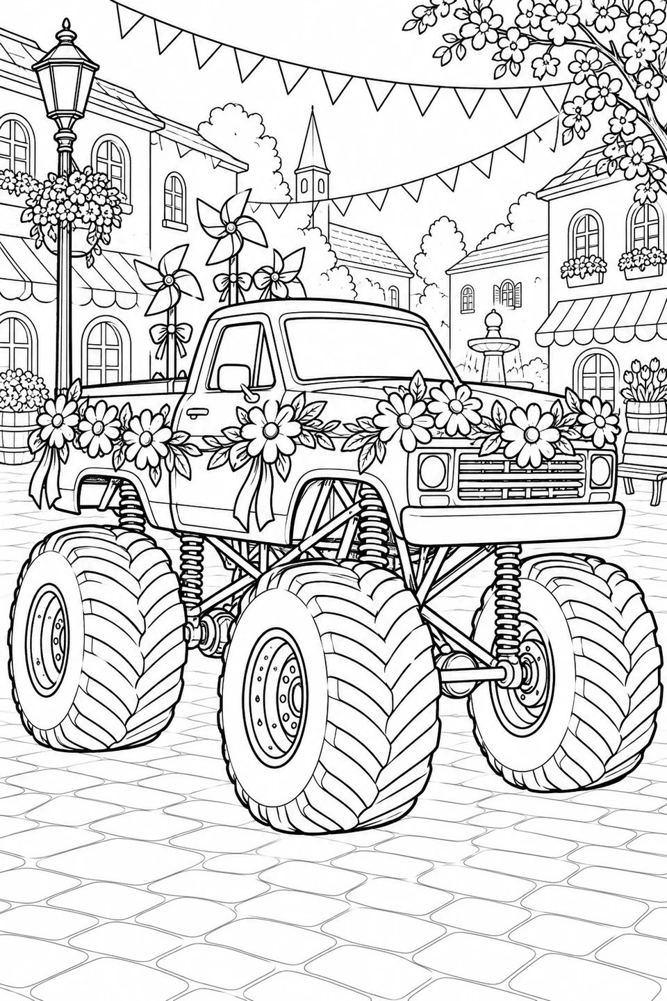 A monster truck decorated with daisy garlands and pinwheels stands in a village square beneath festive bunting.