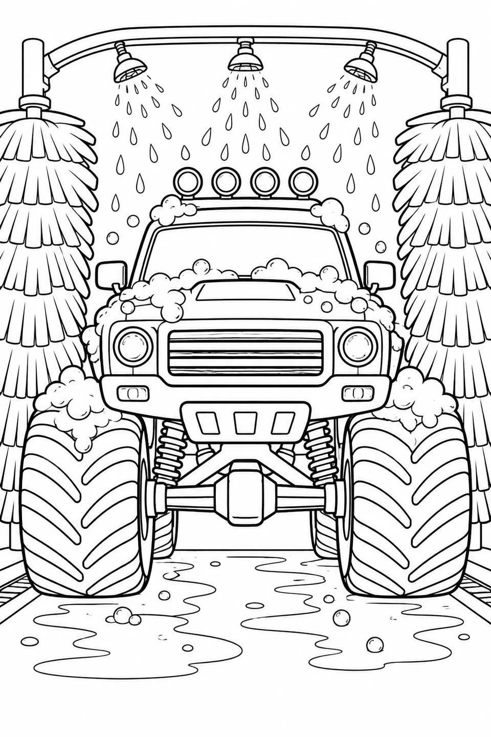A monster truck faces forward between wash brushes, with soap bubbles on its hood and giant tires.