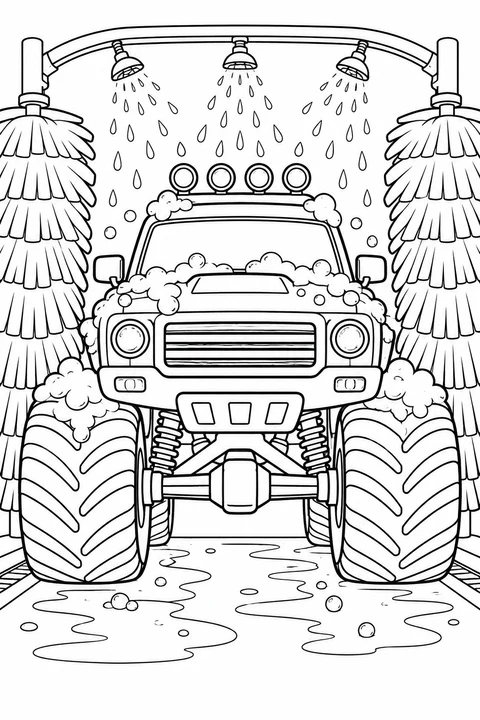 A monster truck faces forward between wash brushes, with soap bubbles on its hood and giant tires.